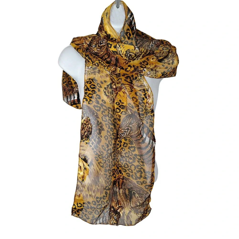 Animal Print Sheer Scarf Tiger Leopard Gold Brown 12.5x60 Rectangle African